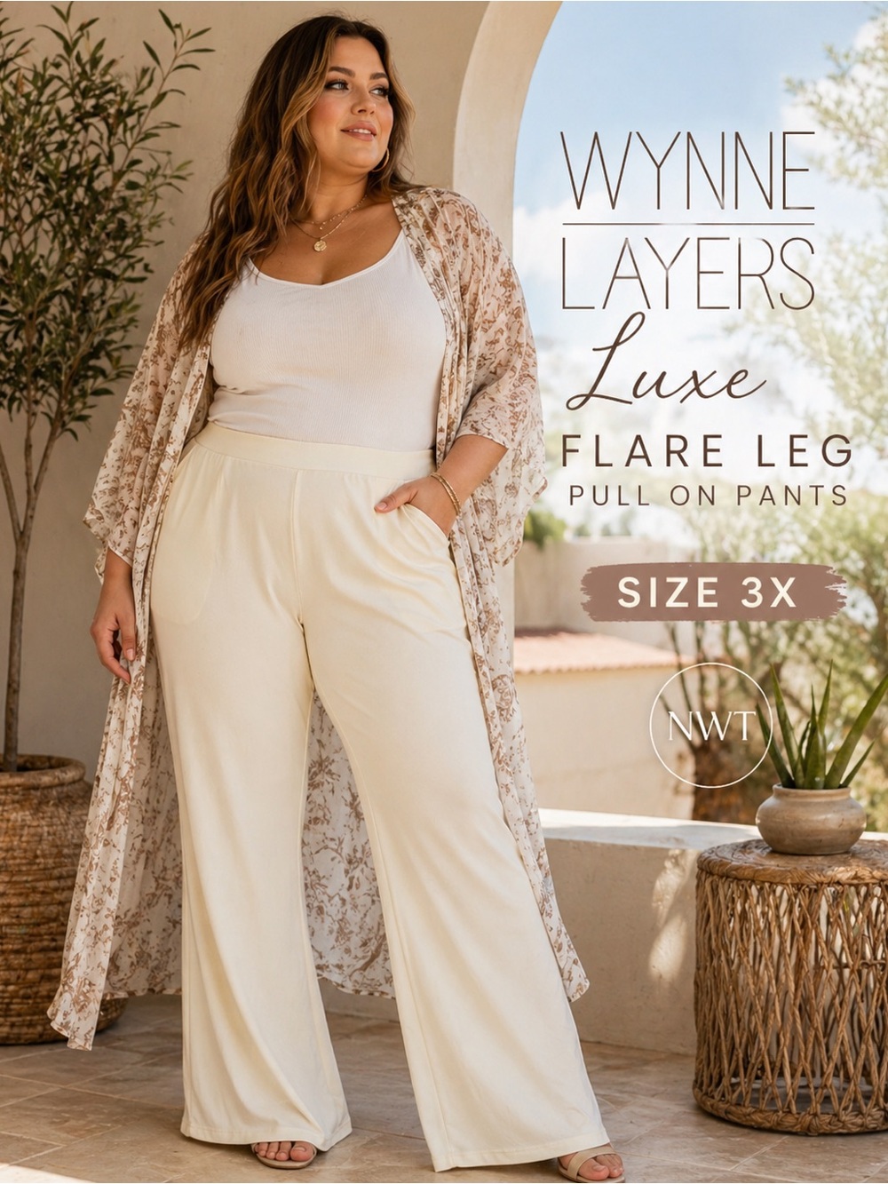 NWT Wynne Layers Cream Luxe Flare Leg Pants Pull On Stretch 3X Boho Chic